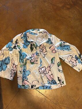 Girls' Floral Satin Button-Up Jacket in Ivory, Blue & Pink
